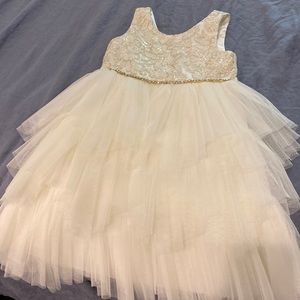 Flower girl dress- like new condition. Taffeta, gold floral detailing